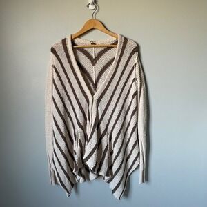 Free People Striped Asymmetrical Knit Cardigan Open Front Pockets Cream Brown XS